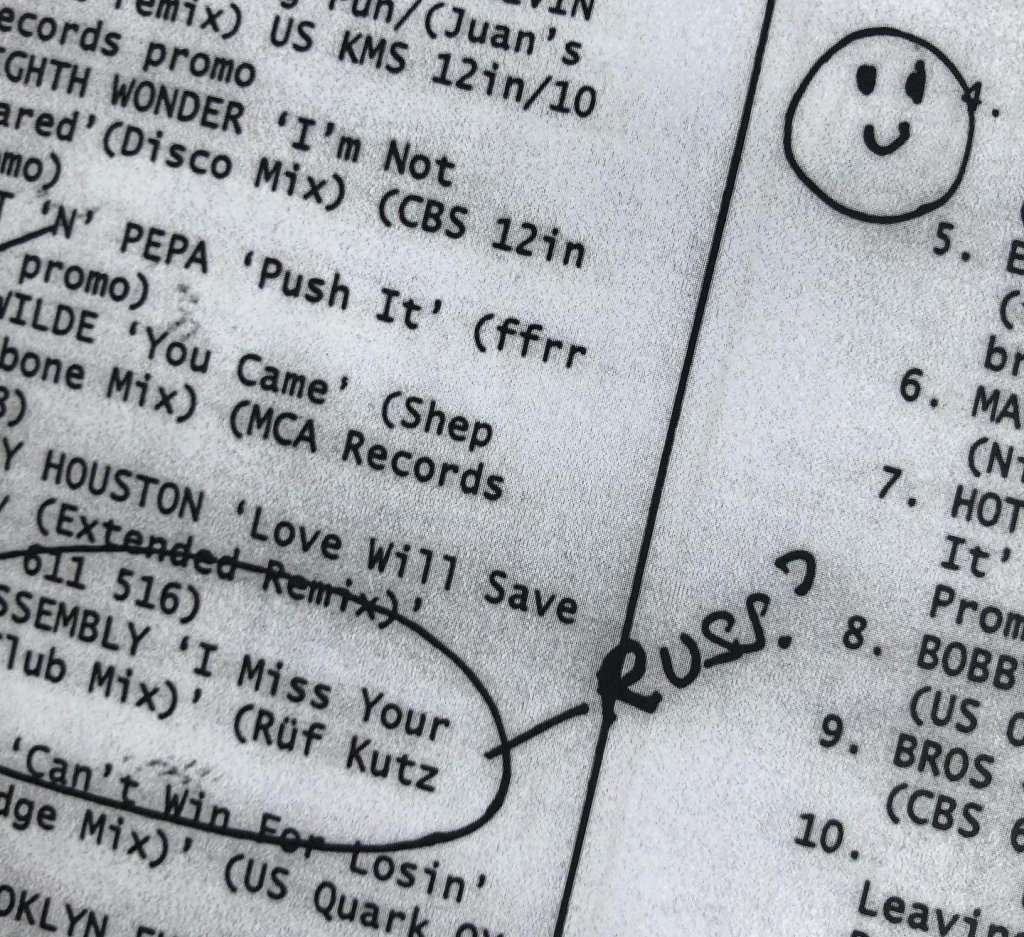 Typed, photocopied insert with a list of records from 1988, and the word' Russ' written on it in pen.