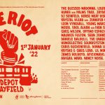 A poster for The Riot at Electric Chair featuring a fist aloft in the air and a list of DJ names.