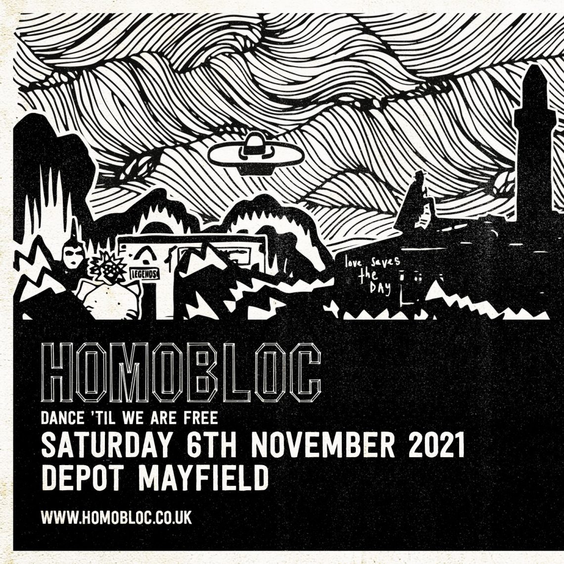 A poster for queer clubbing event, Homobloc, with an artist's impression of Manchester's industrial skyline.