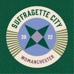 A circular logo in green and blue for Suffragette City