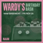 A promotional flyer for Abigail's birthday party at NAM Manchester. It shows a rotary DJ mixer with a green-hued overlay, which has the quality of old photocopied paper. The writing and border are pink.