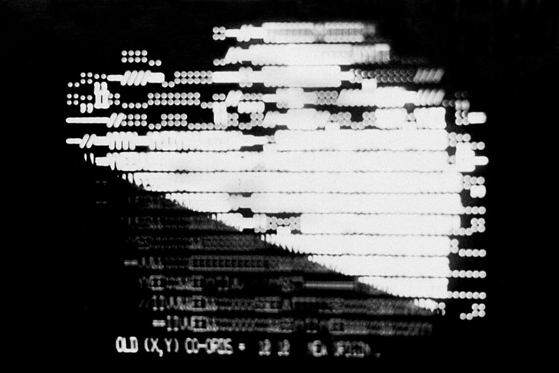The portrait of Judson Rosebush was made using the first video digitizer at Digital Effects Inc. in New York. The video digitizer was built by Vance Loen based on plans by Bill Etra, and the software to convert the image into alpha-numeric characters was developed by Don Leich and inspired by Ken Knowlton's EXPLOR software. The image is a photograph of a black and white computer terminal monitor; the diagonal is a result of non-synchronization between the monitor display and the still camera shutter.