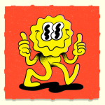 A cartoon of a wobbly smiley with arms and legs giving a thumbs up