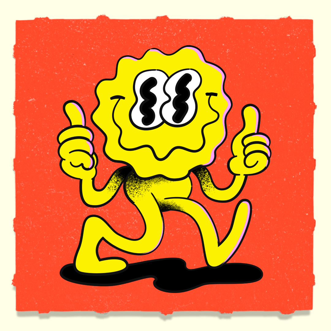 A cartoon of a wobbly smiley with arms and legs giving a thumbs up